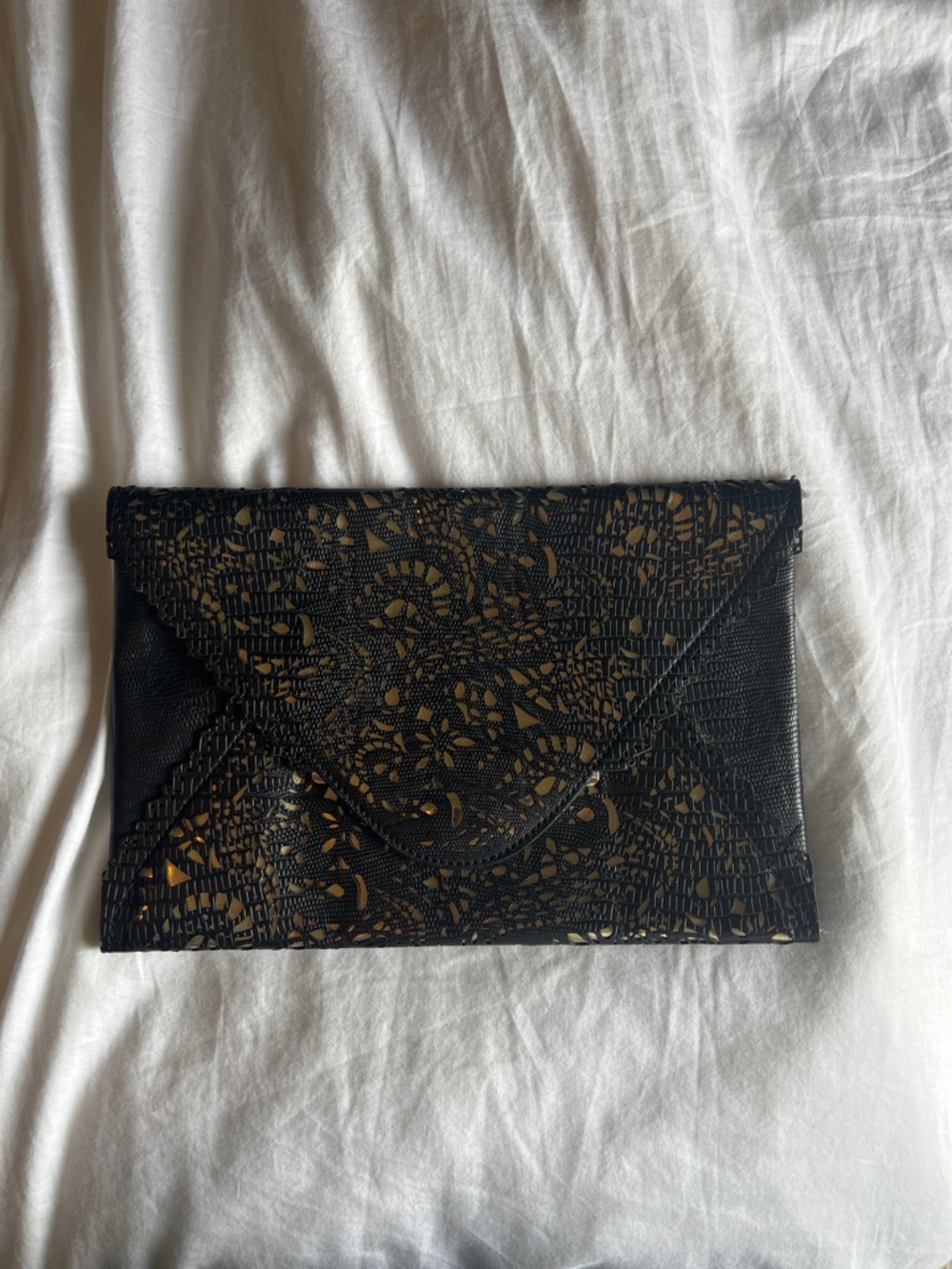 BCBG Black Lace Overlay Envelope Clutch with Gold Underlay